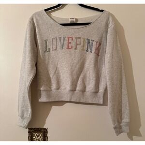 PINK Victoria's Secret Love Pink Rhinestone Cropped Oversized Sweatshirt Gray S